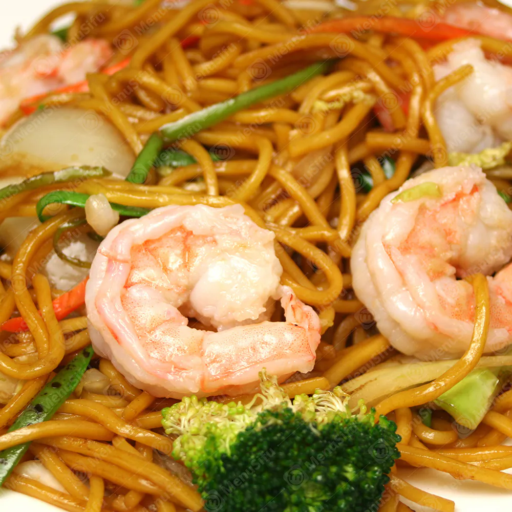 Stir-fried lo mein noodles with plump shrimp & mixed vegetables at China Wok, a Chinese Restaurant in Marion